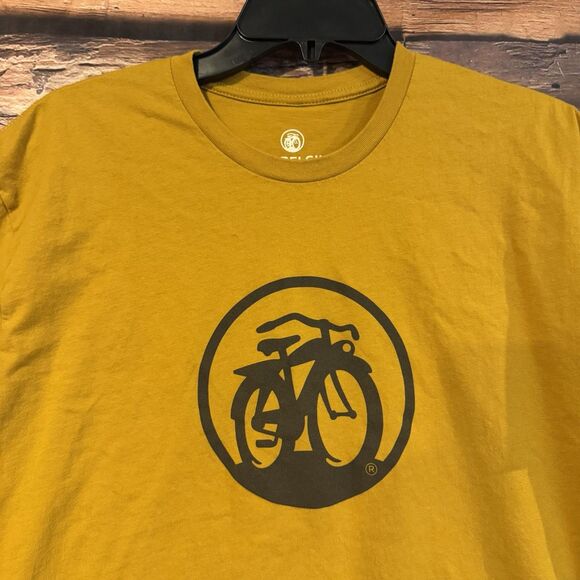 New Belgium Fat Tire Bottlecap XL T-Shirt Yellow Logo Bicycle Beer Caveman Music - Picture 2 of 7